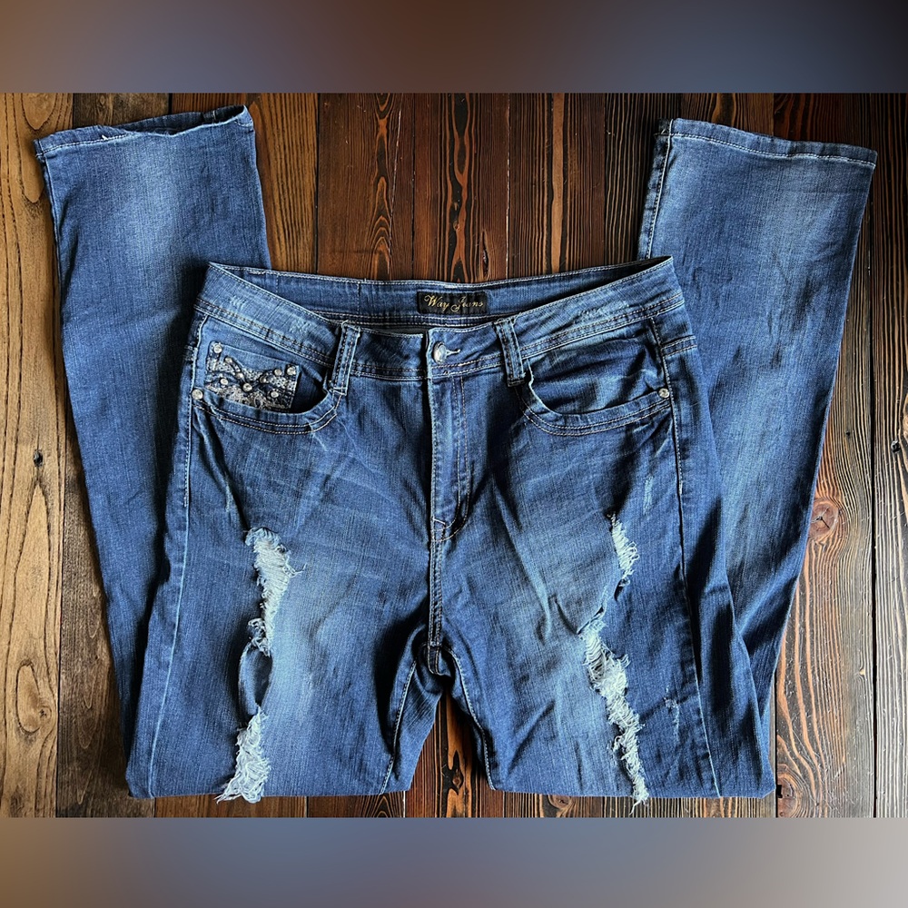 WAY JEANS • distressed blue jeans bling gem pockets embroidered denim • size 17